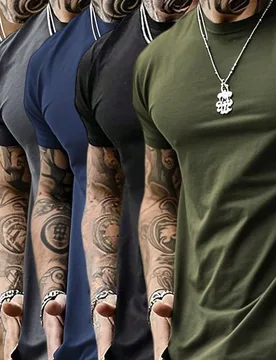 Set de 5 camisetas de manga corta de ajuste delgado de unicolor casual para hombres, para el verano M - Shein - FashionsVida