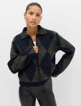 Argyle Collared Zip Up Knitted Jacket With Wool Navy Mix female - M&S - FashionsVida