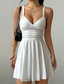 Vestido mini sexy y elegante de mujer con cuello en V, fruncido en la cintura y línea A S - Shein - FashionsVida