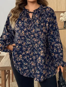 Blusa elegante de mujer talla grande con estampado floral pequeño, cuello con volantes y manga larga, otoño 6XL - Shein - FashionsVida