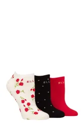 Women's 3 Pair Plain, Stripe and Patterned Cotton No-Show Socks Parisian Rose Patterned 4-8 - Multi Coloured - Size: Small