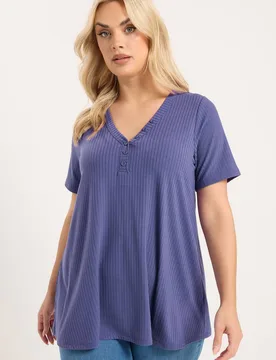 Women's Henley Short Sleeve T-Shirt in Purple Size: 16 - Purple - Size: 16 - Yours - FashionsVida