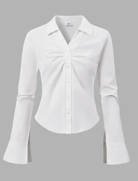 Blusa de otoño para adolescentes, pieza única tejida de unicolor con cuello, botones, manga larga, manga acampanada, escote en V y ajuste ceñido a - Shein - FashionsVida