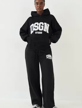 Womens Towelling Applique Straight Leg Jogger - Black Cotton - Size X-Small - DSGN Studio - FashionsVida