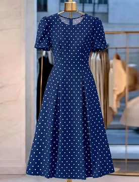 Vestido largo de verano elegante de línea A con cuello redondo y manga corta, con estampado de lunares tejido para mujer XL - Shein - FashionsVida
