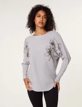 Embroidered Long Sleeve Jumper - M/L / GREY - female - Blue Vanilla - FashionsVida