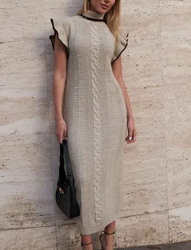 Vestido de suéter de punto de cable central a medio muslo con cuello de tortuga, mangas con volantes y contraste de color a rayas S - Shein - FashionsVida