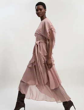 Womens Ruffle Detail Chiffon Woven Maxi Dress - Dusty Pink - Size 10 Uk - Karen millen - FashionsVida