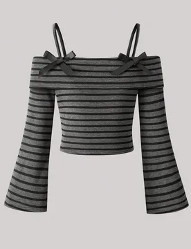 Top de manga larga con hombros descubiertos, rayas, lazo en el hombro y manga acampanada para niña adolescente, ropa casual de calle, otoño, tops de - Shein - FashionsVida