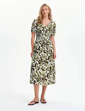 Palm Print V-Neck Midi Waisted Dress Green Mix female - Finery London - FashionsVida