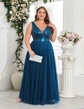 XUCTHHC Vestido de Noche Elegante de Talla Grande con Cuello en V, Sin Mangas, Bordado Floral, Lentejuelas y Malla, Adecuado para Vestido de Dama de H - Shein - FashionsVida