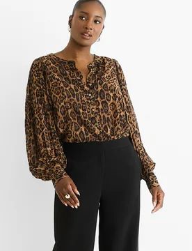 Womens Brown Chiffon Animal Print Pleated Shift Shirt Blouse - Size Small/medium - Gini London - FashionsVida