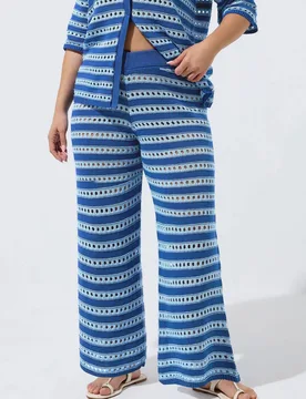Women's Stripe Knitted Wide Leg Trousers in Cobalt Size: 14-16 - Cobalt - Size: 14-16 - Yours - FashionsVida