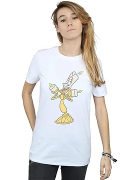 Women's Beauty & The Beast Lumiere Distressed Cotton Boyfriend T-Shirt in White Size: Medium - White - Size: M - Disney - FashionsVida
