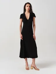 Crepe Frill V-Neck Midi Tea Dress Black female