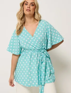 Women's Polka Dot Print Wrap Top in Light Blue Size: 18 - Light Blue - Size: 18 - Yours - FashionsVida