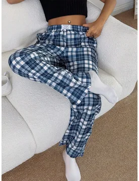 Pantalones de estar por casa rectos de cintura elástica con estampado de cuadros para mujer - Shein - FashionsVida