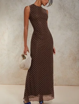 Vestido largo maxi elegante de mujer con estampado de lunares marrón y blanco, cuello redondo, ajustado, estilo retro vintage de los años 70, sin ma - Shein - FashionsVida