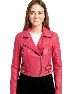 Women's Cropped Brando Leather Biker Jacket-Bellville in Fuchsia Size: 22 - Fuchsia - Size: 22 - Infinity Leather - FashionsVida