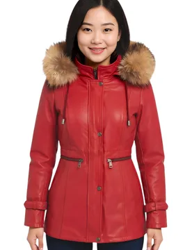 Womens Red Hooded Parka Jacket-Putian Lamb Leather - Size 12 Uk - Infinity Leather - FashionsVida