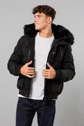 Mens Short Padded Parka Jacket with Faux Fur Hood - - Size: XL