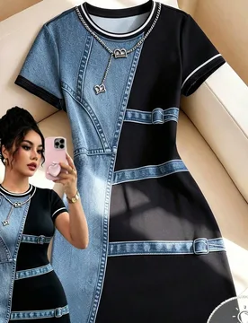 Vestido casual de media longitud para mujer con estampado digital efecto denim, cuello redondo y manga corta, adecuado para el trabajo y los desplazam - Shein - FashionsVida