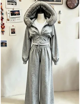 Conjunto de 2 piezas de sudadera con capucha y cuello de piel con cremallera y pantalones de pierna ancha de unicolor para mujer casual M - Shein - FashionsVida