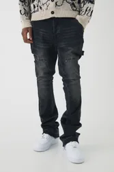 Mens Skinny Flared Stacked Carpenter Gusset Washed Jeans - Black Cotton - Size 28 Regular