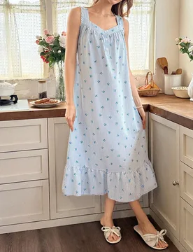Camisón de mujer sin mangas con estampado de lazo a rayas azul y volantes en el bajo - Shein - FashionsVida