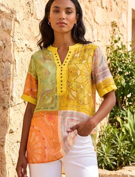 Women's Patchwork Print Top in Yellow Size: 18 - Yellow - Size: 18 - Roman - FashionsVida