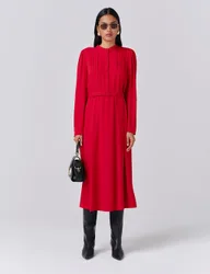 Crepe Pintuck Button Front Midi Waisted Dress Red female