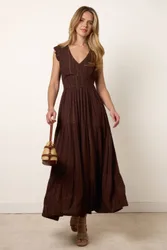 Women's Brown V Neck Tiered Maxi Dress Size: Medium - Brown - Size: M