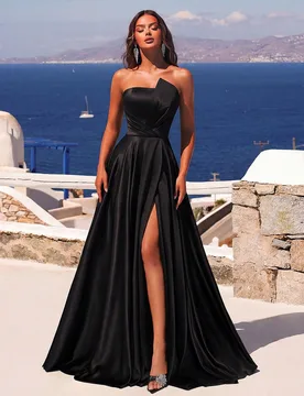 Elegante vestido largo sin tirantes con pliegues, cintura alta, abertura alta, espalda descubierta y lazo, falda línea A, vestido de baile, vestido d - Shein - FashionsVida