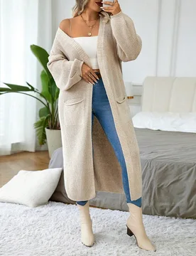 Cárdigan largo y suelto de talla grande para mujer, de un solo color con bolsillos, para otoño e invierno 2XL - Shein - FashionsVida