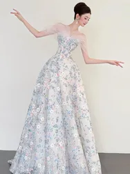 Strapless floral light luxury design dress for the banquet host's art examination performance
