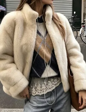 Chaqueta de piel sintética de ajuste ceñido con cuello alto elegante y minimalista para uso diario, abrigo corto de piel de visón para mujer, nueva - Shein - FashionsVida