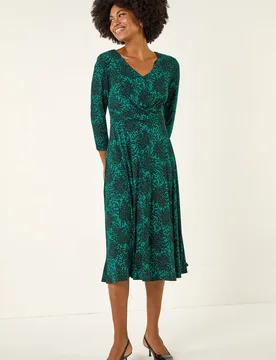 Women's Speckled Print Wrap Bodice Midi Dress in Teal Size: 18 - Teal - Size: 18 - Roman - FashionsVida