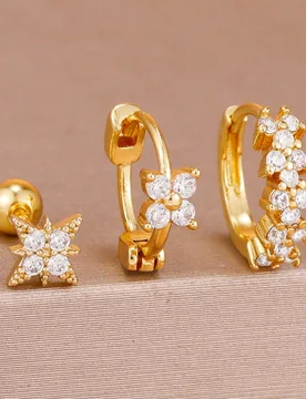 Juego de 3 piezas de pendientes de mujer de acero inoxidable chapados en oro de 18K, joyería de perforación de cartílago de oreja con flor de circo - Shein - FashionsVida