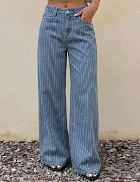 Jeans de mezclilla a rayas lavados casuales para mujer otoño L - Shein - FashionsVida