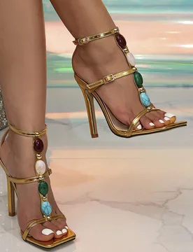 Sandalias de tacón alto doradas para mujer, zapatos elegantes y de moda para fiestas/eventos con tiras de cuentas, puntera afilada y tacones delgados - Shein - FashionsVida