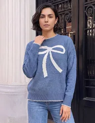 Contrast Stitch Bow Jumper Blue female