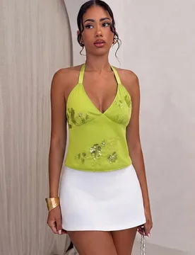 Top halter ajustado con lentejuelas y estampado floral verde oliva para mujer, elegante, versátil para uso diario, cita nocturna, sexy, vacaciones, c - Shein - FashionsVida