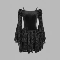 Gothic Spice Black Flocking Shoulder Slim Waist Flared Sleeve Dress