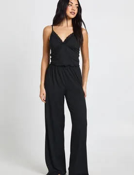 Womens Jersey Lace Trim Cami & Trouser Pyjama Set - Black - Size 12 Uk - Boohoo - FashionsVida