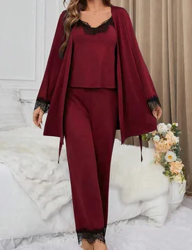 Conjunto de pijama de mujer con top de camisa de tirantes de encaje y parches, pantalón largo con cinturón en la cintura y bata de manga larga, ropa - Shein - FashionsVida
