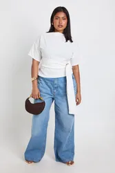Womens Plus Crepe Grown On Neck Gold Trim Belt Detail Short Sleeve Top - White - Size 26 Uk