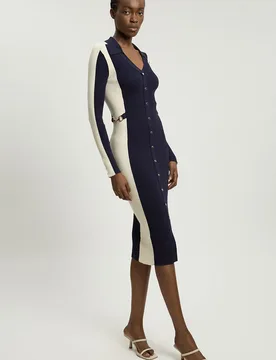 Womens Viscose Rib Contrast Colour Button Knit Midi Dress - Navy Polyamide - Size X-Small - Karen millen - FashionsVida