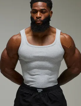 Mens Man Active Gym Muscle Fit Ribbed Vest - Grey Cotton - Size Large - boohooMAN - FashionsVida