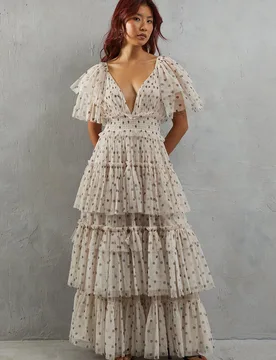 Womens Tulle Spot Plunge Neck Flutter Sleeve Tier Maxi Dress - Cream - Size 12 Uk - Warehouse - FashionsVida