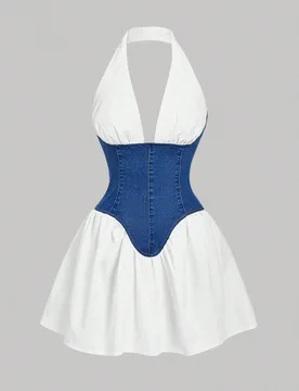 Vestido de mezclilla con cuello halter sin espalda de bloques de color para mujeres S - Shein - FashionsVida